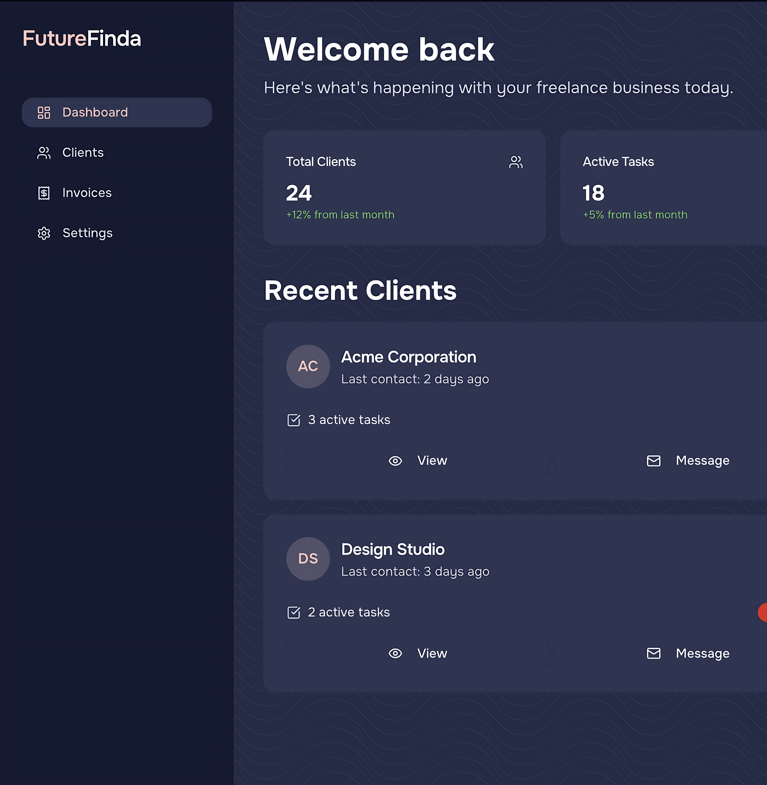 FutureFinda dashboard showing client and project management interface with task organization and workflow tools
